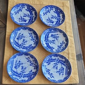 Blue and White Porcelain Plates Set Of 6 Tea Cup Saucers Vintage Japanese Floral
